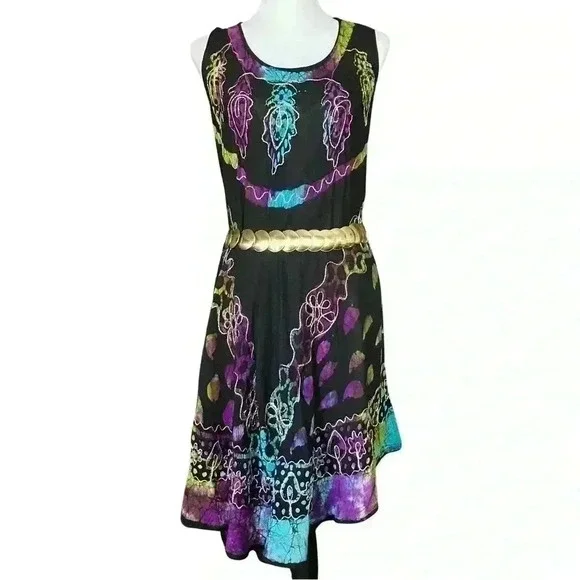 Boho Black Colorful Embroidered Semi Sheer Dress. Made in India. One Size. - Picture 2 of 12